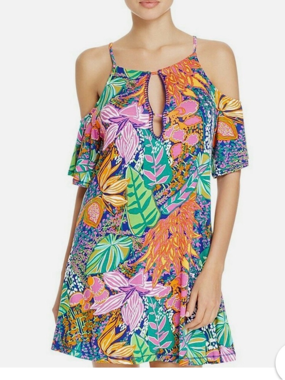 Trina Turk Tropiv Escape Cold-Shoulder Cover Up Tunic Dress in Bright Multi